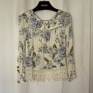 Maeve Cream Floral Lace-Trim Peasant Blouse with Blue Print